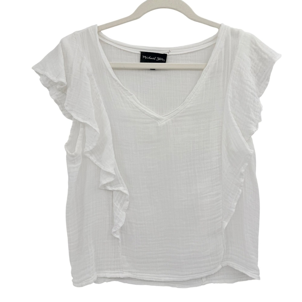 Michael Stars Double Gauze Flounce Top Medium White V Neck Cotton Euro Summer